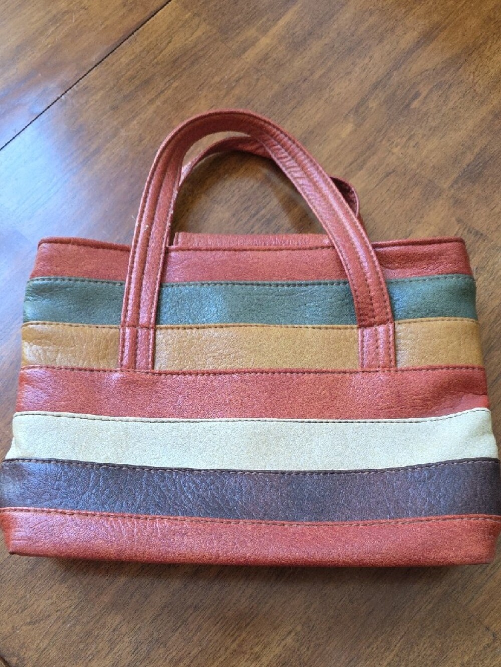 Vintage 1970s Vinyl Striped Multi-Color Tote - Rust, Cream, Green & Brown - Picture 2 of 12
